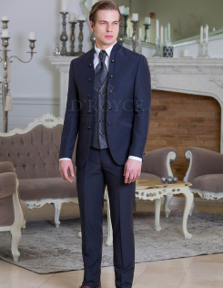 Sötét kék állógalléros öltöny díszgombolással