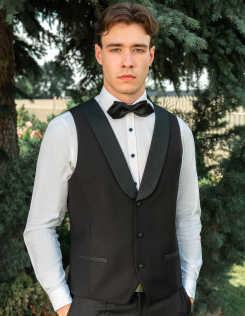 Fekete 3 gombos mellény, mintás gallér résszel